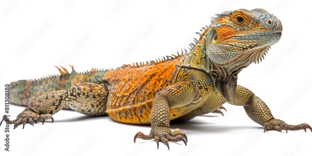 Fototapeta premium Brown and Green Uromastyx Dragon. Isolated Cut-Out of 4-Year-Old Iguana-Like Creature with Orange