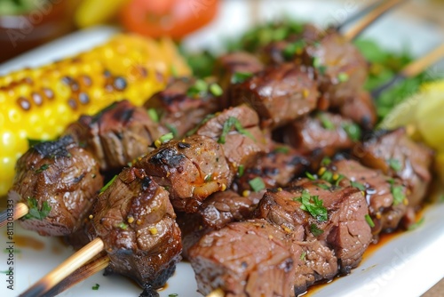 Authentic Anticuchos - Peruvian Cuisine Grilled Skewered Beef Heart Meat with Cumin, Garlic