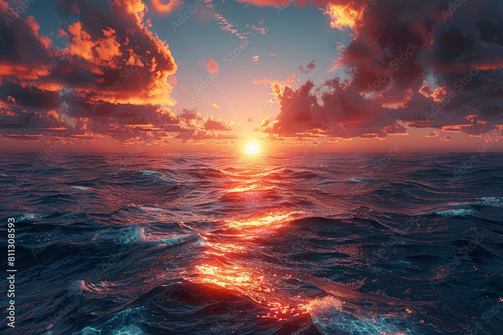 The sun sets over calm ocean waters, painting the sky and sea in spectacular shades of orange and red