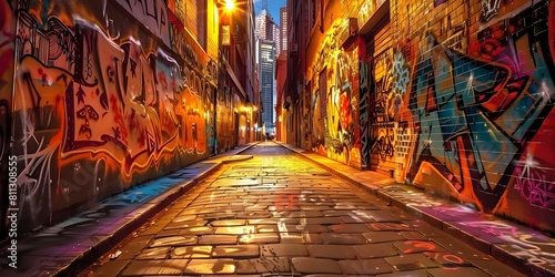 Melbournes famous laneways filled with eclectic graffiti art and urban charm. Concept Urban Exploration, Street Art, Colorful Murals, Hidden Gems, City Vibes photo