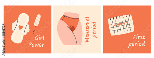 Cards with quotes about female period with menstrual blood,  sanitary pad, panties, calendar. Vector illustration in flat style