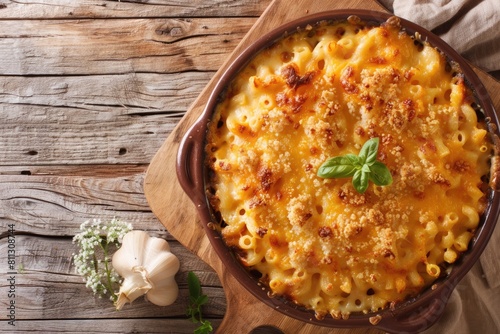 Cheesy Homemade Chili Mac and Cheese Casserole on Textured Background - Classic American Comfort