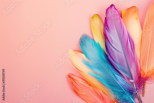A colorful array of feathers on a pink background with copy space