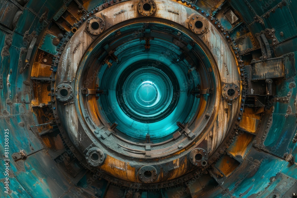 Gazing directly into the cylindrical core of a massive blue turbine, the image presents an awe-inspiring perspective of industrial might