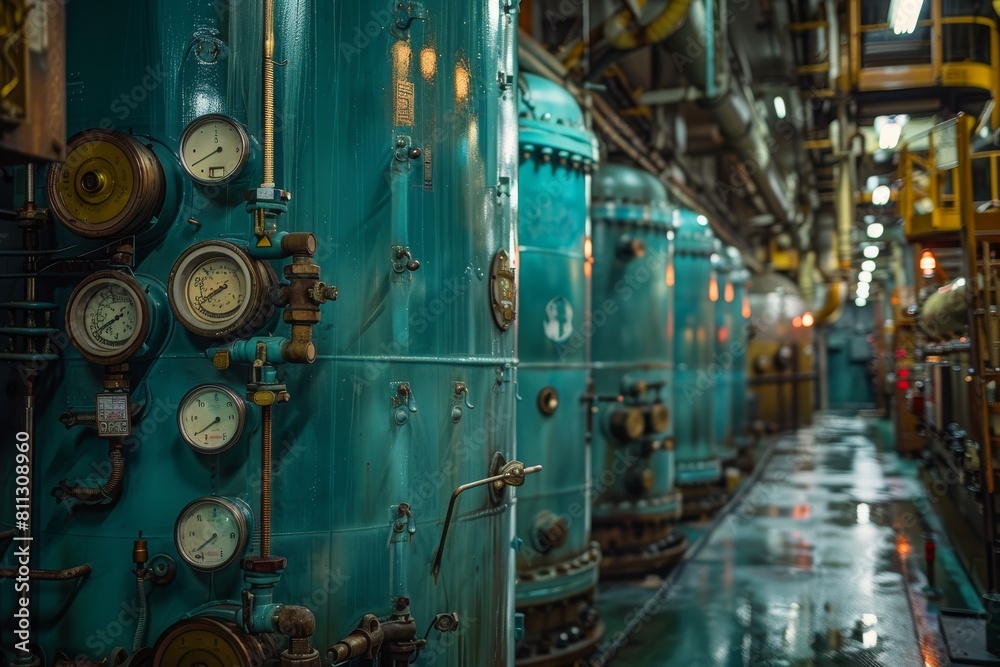 Close view of industrial equipment with focus on pressure gauges and piping on teal machinery Close view of industrial equipment with focus on pressure gauges and piping on teal machinery