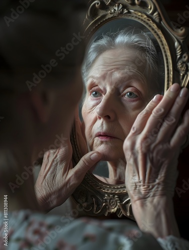 Contemplative Elderly Woman Reflected in Ornate Vintage Frame