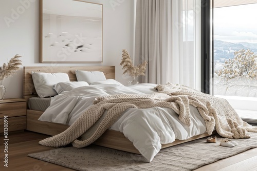 Minimalistic Bedroom With Large Bed and Window, A Scandinavian-inspired bedroom with clean lines, light wood furniture, and cozy knit blankets