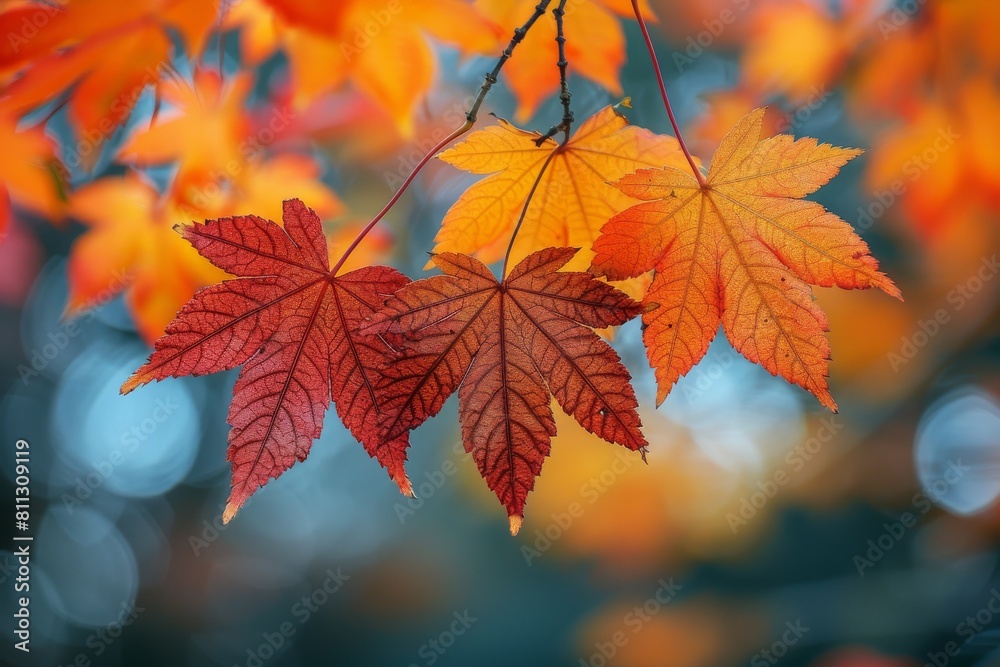 Close up of three autumn leaves with a brilliant display of red, orange, and yellow hues against a soft background
