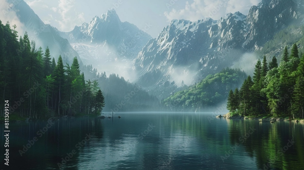 Beautiful lake and mountains covered with forest.