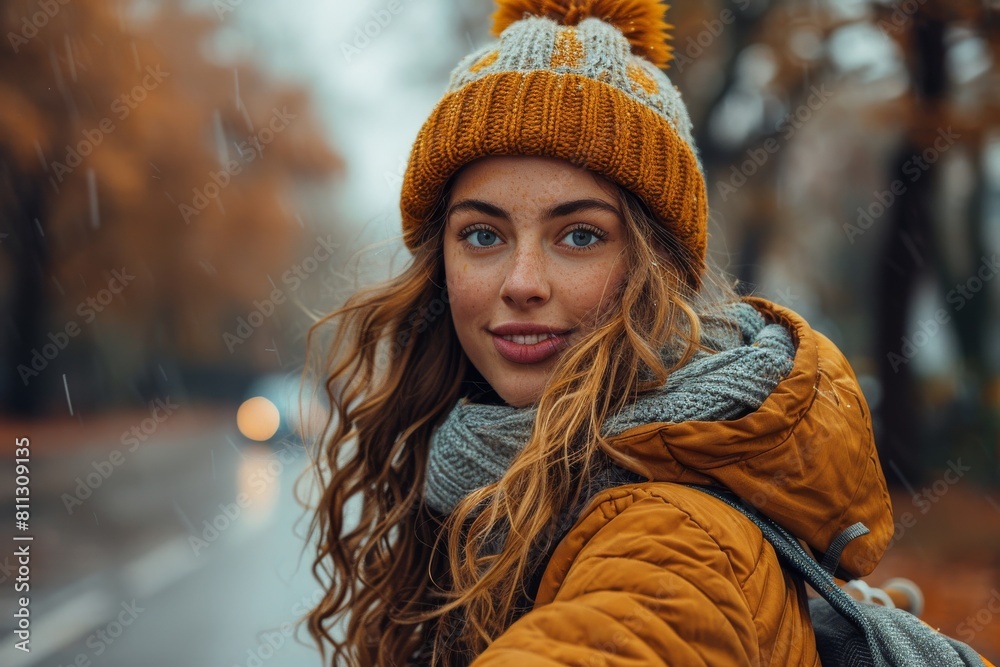 A portrait of a smiling woman with freckles wearing a yellow beanie and scarf in a rainy autumn setting A portrait of a smiling woman with freckles wearing a yellow beanie and scarf in a rainy autumn setting