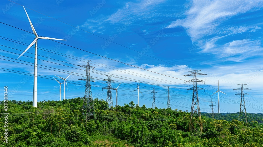 power lines and wind turbines silhouetted against a vibrant blue sky, symbolizing the promise of renewable energy with ample space for additional text or design. power lines and wind turbines silhouetted against a vibrant blue sky, symbolizing the promise of renewable energy with ample space for additional text or design.