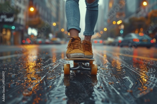 Back view of a person skateboarding on a rainy city road, showcasing movement and urban lifestyle