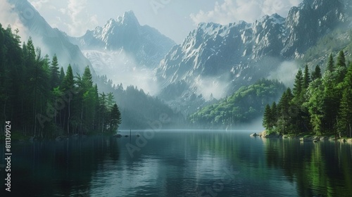 Beautiful lake and mountains covered with forest.