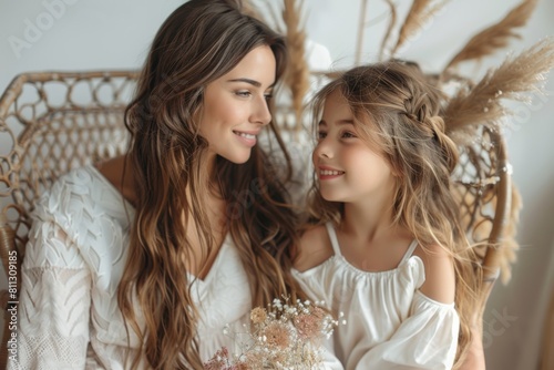 Mother and Daughter Sitting on Wicker Chair