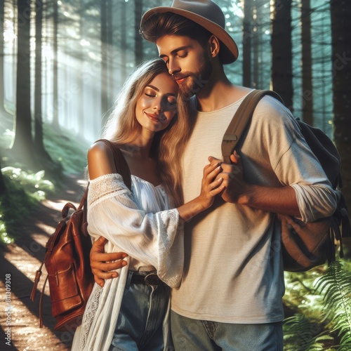 Blissful couple savoring serene morning stroll in forest with cinematic presets	