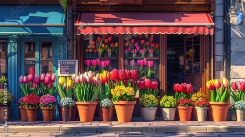colorful tulips flowers in pots on the street in front of a store realistic #811309379