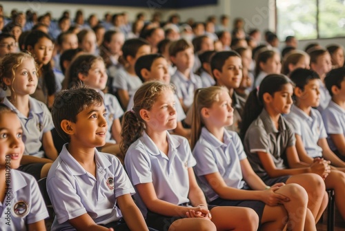Group of children sitting in front of a large crowd of people at a school assembly, A school assembly with students sitting patiently in rows, eagerly awaiting the presentation photo