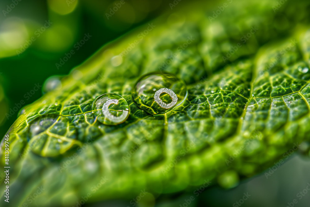 Co2 and water droplet hanging from the edge of a green leaf