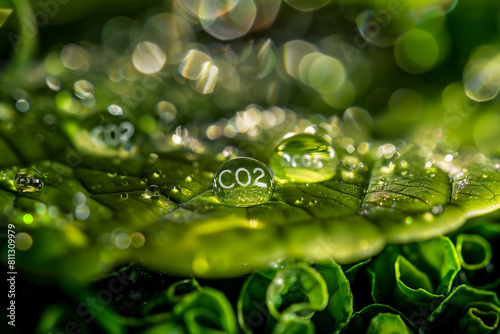Co2 and water droplet hanging from the edge of a green leaf