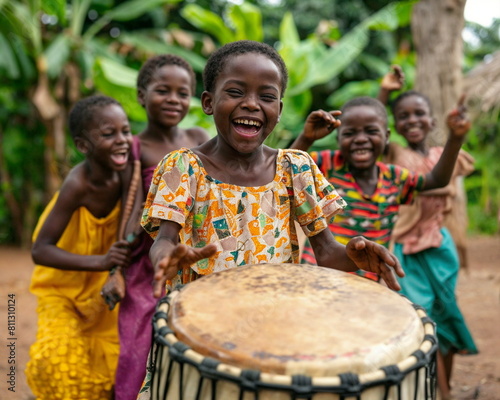Children celebrating with laughter and joy, dancing and singing around a traditional drum. International Day of the African Child. ?ultural presentations, diverse community poster. photo