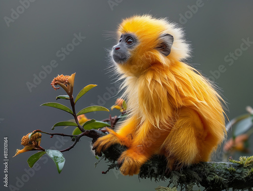Stunning view of a golden monkey on a blossoming tree branch , showcasing its vibrant fur and thoughtful expression on a dark background