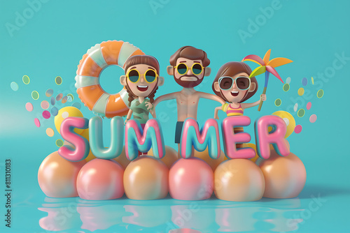 3D volumetric illustration of a family with the text "summer", concept of summer beach vacation © Elena