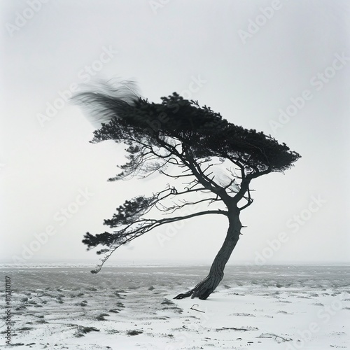 Tree bending gracefully from right to left  undeterred by the strong winds