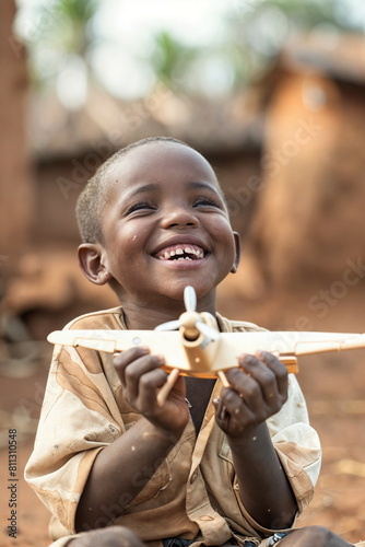 Child smiling while playing with a toy plane, dreaming of the future. International Day of the African Child. ?ultural presentations, diverse community poster, happy childhood concept. photo