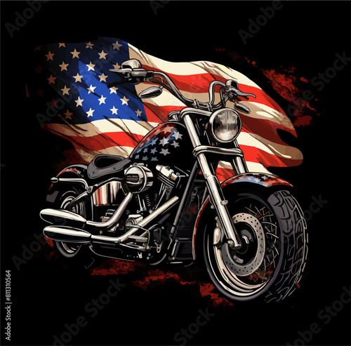 Vector design for t-shirt. 
Biker motorcycle
with american flag on black background. 
Fashionable print for fabric, paper, men clothing,
hoodie, biker jacket.