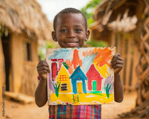 A child with artwork, expressing creativity and talent. International Day of the African Child. ?ultural presentations, diverse community poster, happy childhood concept. photo