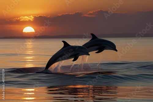 Dolphins at sunset. Two dolphins swimming in sunset  © Hashim