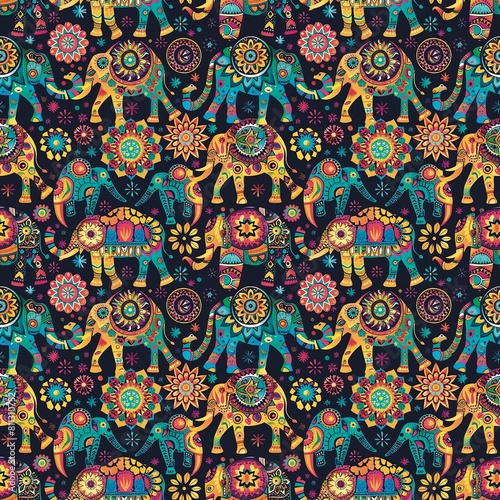 ethnic tribal abstrac flowers, Elephants, geometric ethnic patterns, many colors, native circles, stars. fabric patterns, seamless, handicrafts, background photo