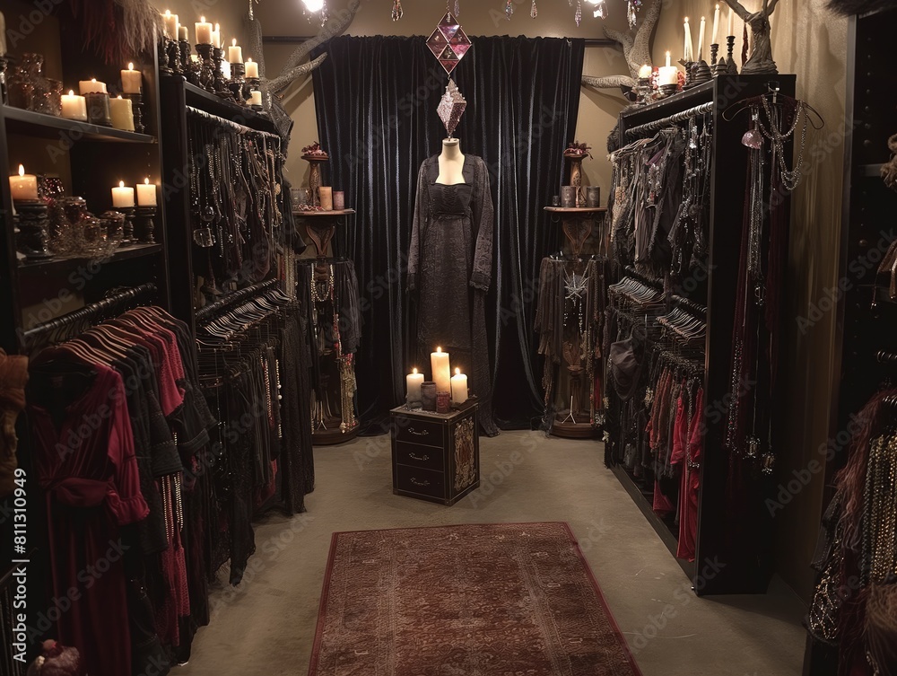A dark room with a lot of clothes and candles. The mood of the room is mysterious and eerie