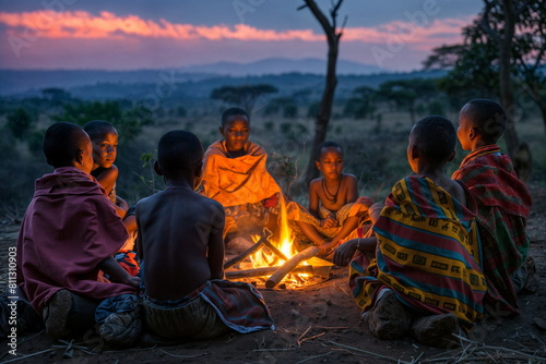 Children sitting around a campfire, listening to elders' stories about their culture. International Day of the African Child. ?ultural presentations, diverse community poster, happy childhood concept. photo