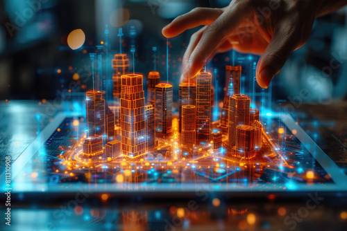 A hand is holding an iPad showing holographic buildings on the screen. Created with Ai © serah