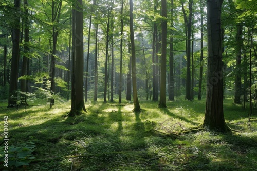 Sunlight streaming through a lush green forest  highlighting the tranquility of nature