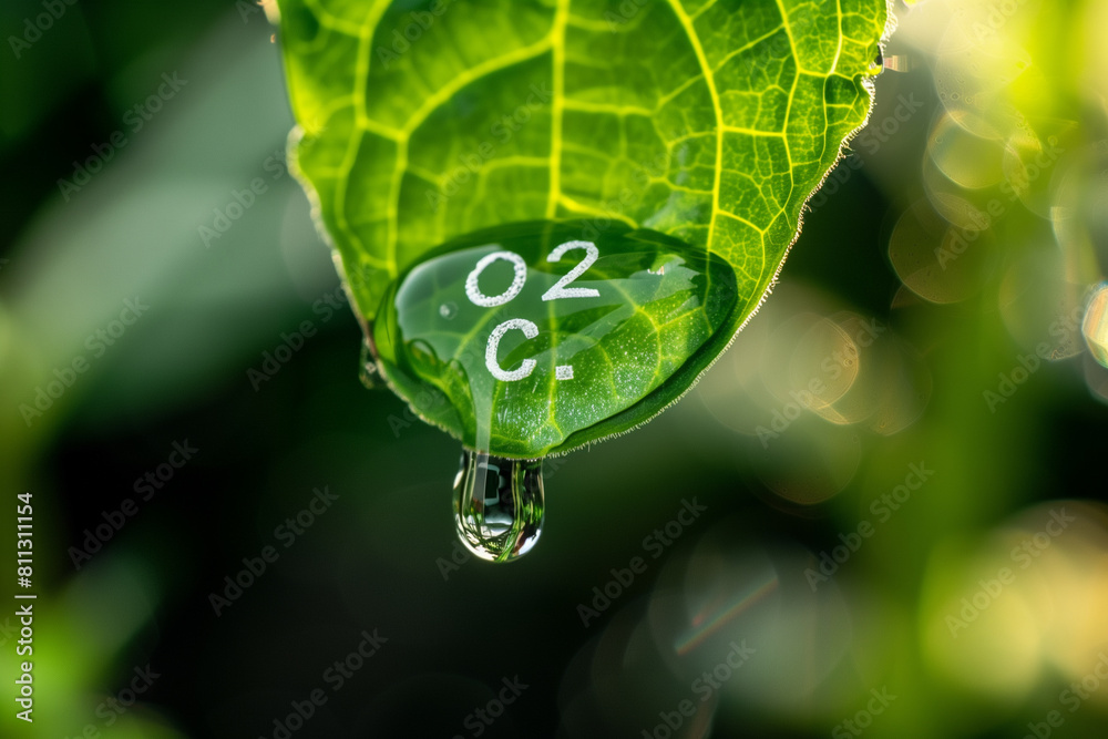 Fototapeta premium Co2 and water droplet hanging from the edge of a green leaf