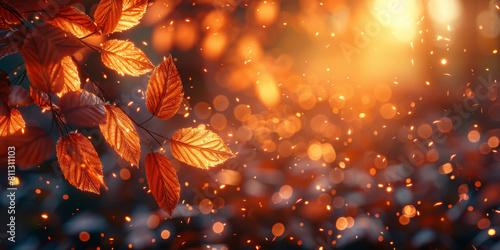 Abstract autumn nature background  with leaves  glowing sun and warm seasonal colors