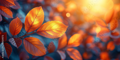 Abstract autumn nature background, with leaves, glowing sun and warm seasonal colors © VertigoAI