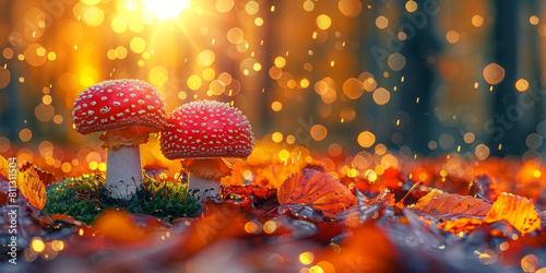 mushrooms growing on forest floor and fallen leaves