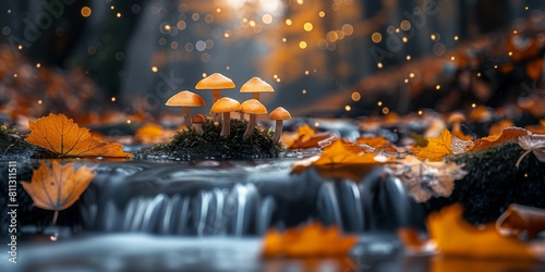 mushrooms growing on forest floor and fallen leaves