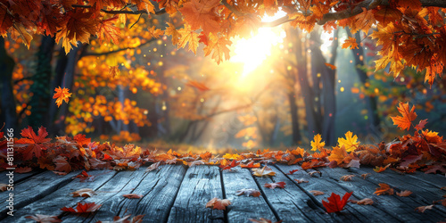 Abstract autumn nature background, with leaves, glowing sun and warm seasonal colors photo