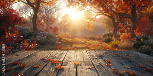 Abstract autumn nature background, with leaves, glowing sun and warm seasonal colors photo