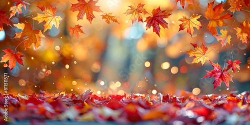 Abstract autumn nature background  with leaves  glowing sun and warm seasonal colors