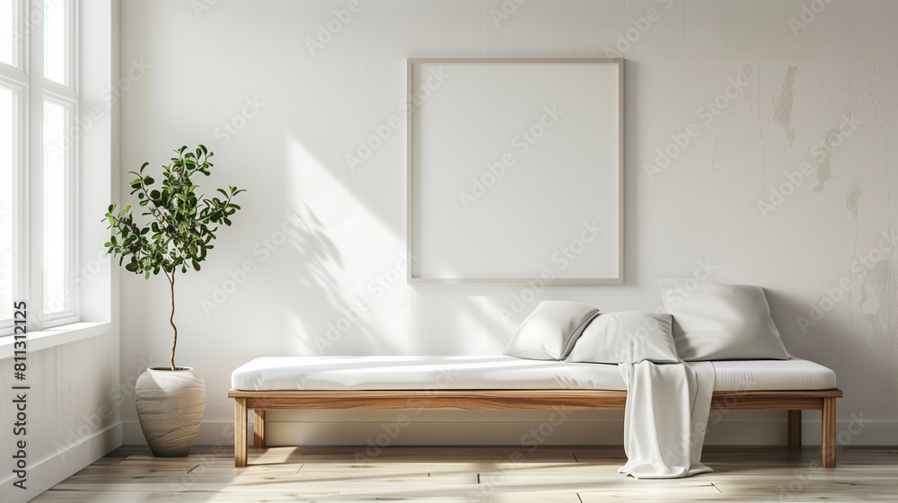 Minimalist Living Room with Wooden Bench and Indoor Plant Minimalist Living Room with Wooden Bench and Indoor Plant