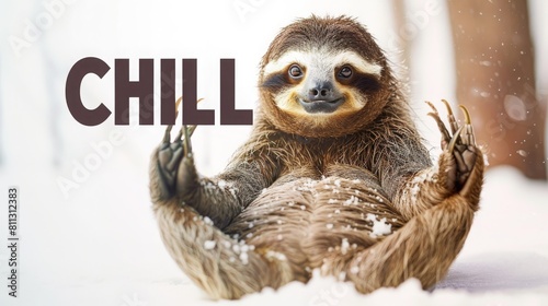 Sloth in yoga pose, word CHILL, white background, copy and text space, 16:9
