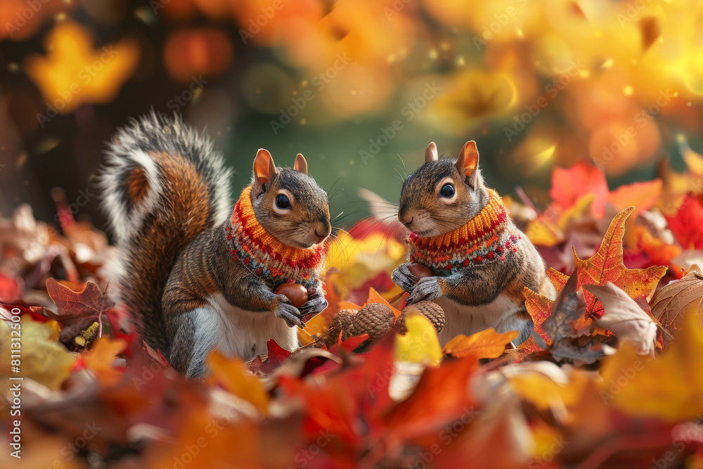Obraz premium Autumnal Charm: Squirrels in Sweaters Collecting Acorns Amidst Vibrant Fall Leaves