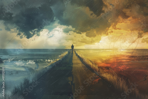 **Title:** Decisive Moment at a Crossroads: Person Contemplating Paths toward Stormy and Sunny Horizons