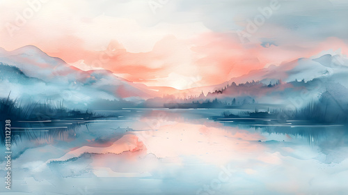 Watercolor abstract art background with soft pastel colors creating a dreamy river landscape, inviting you into a tale of creativity. Suitable for art decoration, storytelling materials,... photo