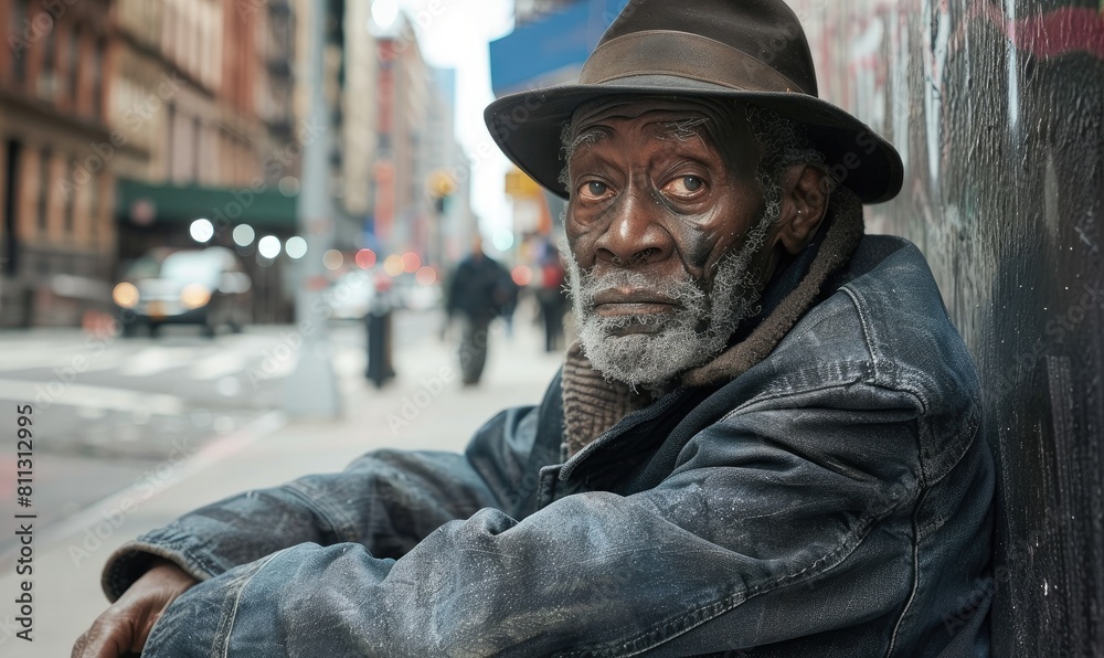 homeless man sitting alone on the pavement, with a bleak urban background symbolizing hardship.